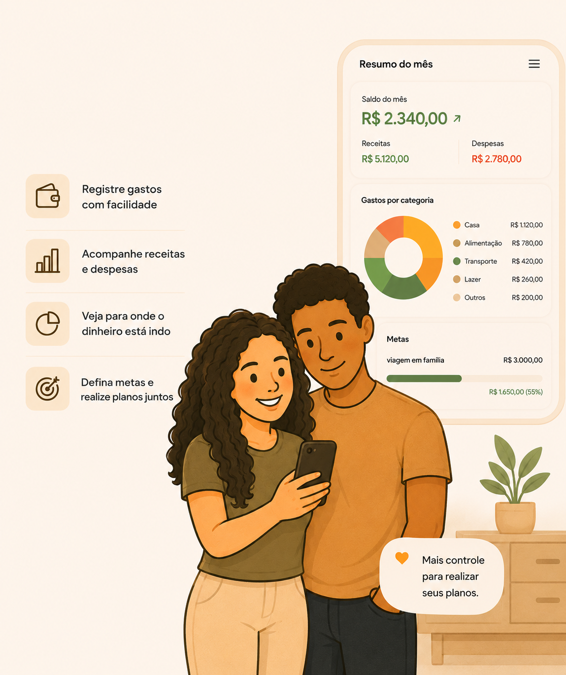 Família organizando finanças no celular